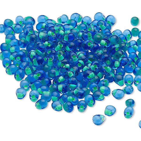 Seed bead, Miyuki, glass, pkg/10g, 4x3.4mm fringe, translucent green inside dyed color cobalt blue (DPF-31). image number 0