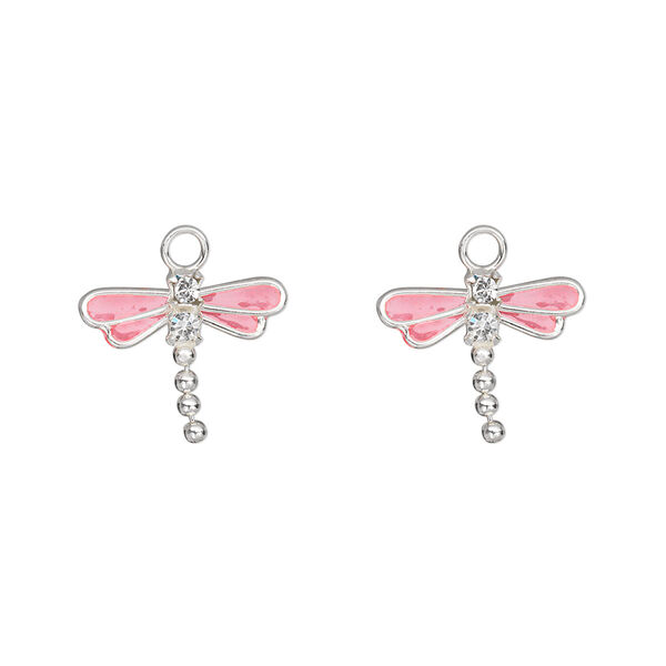 Charm, crystals / sterling silver / enamel, pink and crystal clear, 13x11mm single-sided dragonfly. Sold per pkg of 2. image number 0