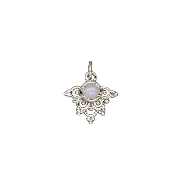 Drop, antiqued sterling silver and rainbow moonstone (natural), 13x11mm single-sided beaded fancy arrowhead. Sold individually. image number 0