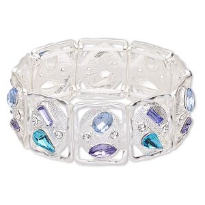 Bracelet, stretch, acrylic / glass rhinestone / silver-plated "pewter" (zinc-based alloy), multicolored, 23x18mm matte rectangle, 6-1/2 inches. Sold individually.