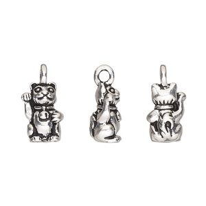 Charm, TierraCast®, "Happy Go Lucky" collection, antique silver-plated pewter (tin-based alloy), 13x8mm 3D beckoning cat. Sold per pkg of 2.