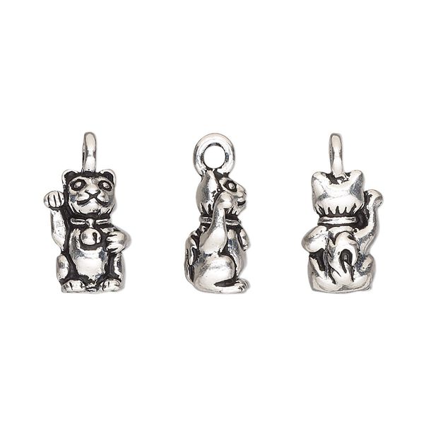 Charm, TierraCast®, "Happy Go Lucky" collection, antique silver-plated pewter (tin-based alloy), 13x8mm 3D beckoning cat. Sold per pkg of 2. image number 0
