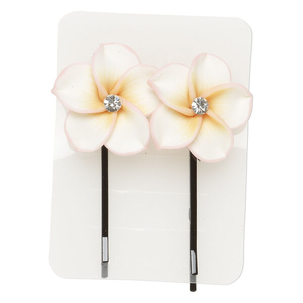 Hairpin, polymer clay / glass rhinestone / steel, multicolored, 60x30mm with flower. Sold per pkg of 2. image number 0