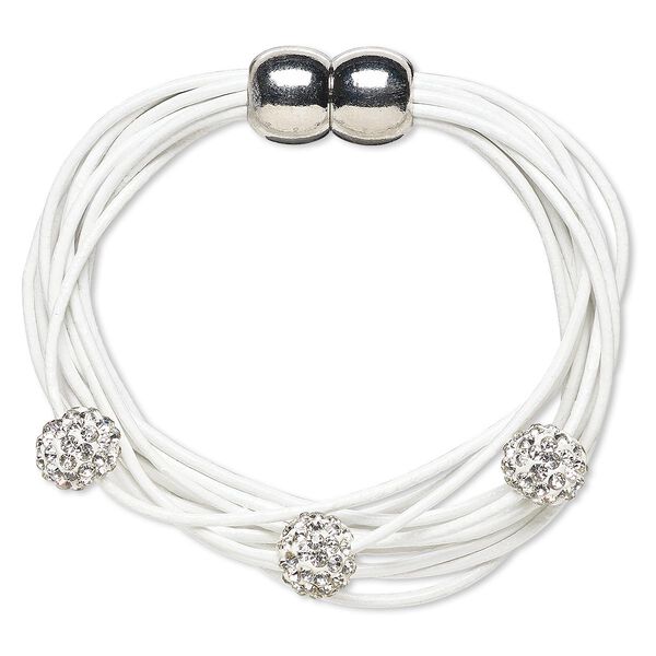 Bracelet, 10-strand, leather (dyed) / glass rhinestone / silver-plated "pewter" (zinc-based alloy), white and clear, 10mm round, 6 inches with magnetic clasp. Sold individually. image number 0