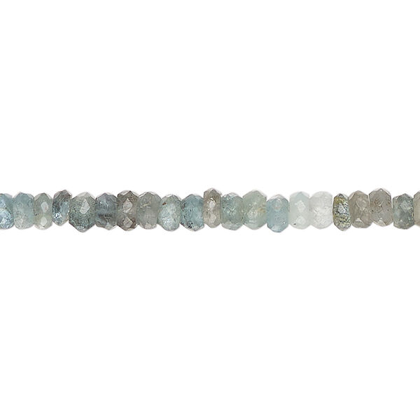 Bead, moss aquamarine (heated), shaded, 4x2mm-5x3mm hand-cut faceted rondelle, B grade, Mohs hardness 7-1/2 to 8. Sold per 13-inch strand, approximately 150 beads. image number 0