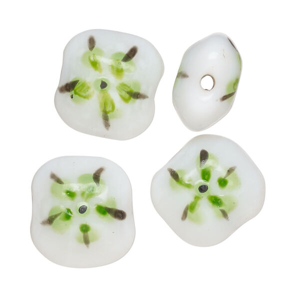 Bead, lampworked glass, opaque white / black / green, 17-16mm-14x13mm puffed rectangle with double-sided painted flower design. Sold per pkg of 4. image number 0
