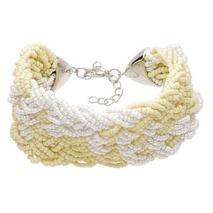 Bracelet, glass / silver-coated plastic / silver-plated steel / "pewter" (zinc-based alloy), white and yellow, 50mm wide with woven design, 7-1/2 inches with 1-3/4 inch extender chain and lobster claw clasp. Sold individually.