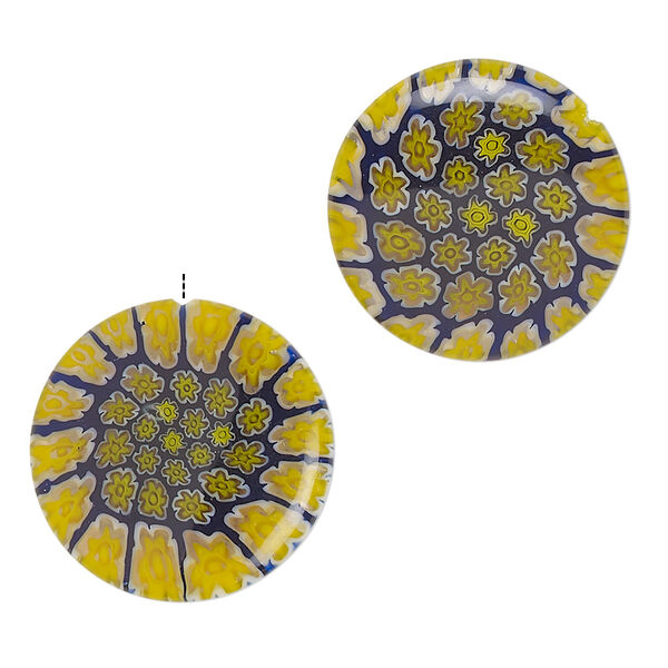 Bead, millefiori glass, translucent blue / yellow / clear, 20mm half-drilled puffed flat round with flower design, 0.6-0.8mm hole. Sold per pkg of 2. image number 0