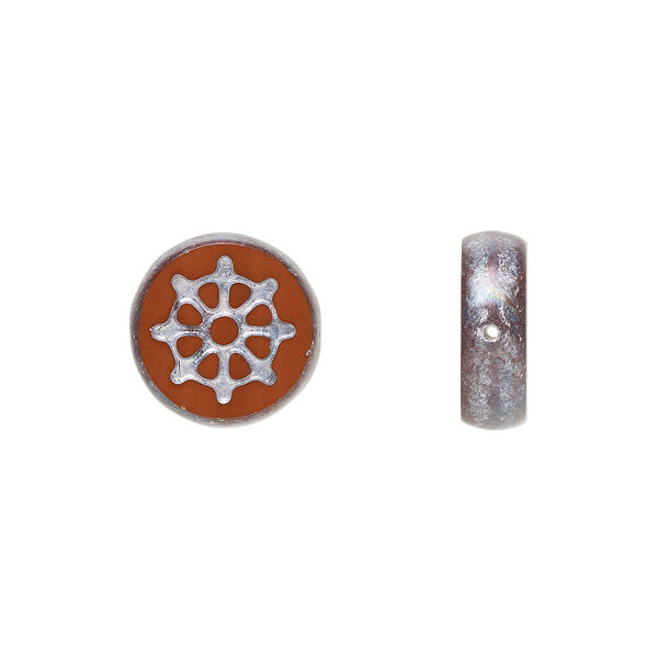 Bead, Preciosa, Czech pressed glass, opaque dark red and matte silver, 12mm flat round wheel. Sold per pkg of 5. image number 0