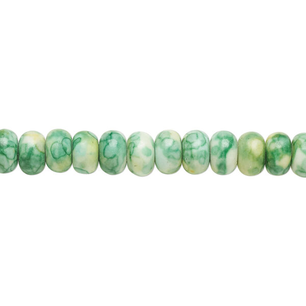 Bead, resin and painted ceramic, green / white / yellow, 6x4mm rondelle. Sold per 15-1/2" to 16" strand. image number 0