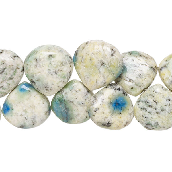 Bead, K2 "jasper" (granite and azurite) (natural), 11-13mm hand-cut top-drilled puffed teardrop with 0.4-1.4mm hole, C+ grade, Mohs hardness 3-1/2 to 7. Sold per 8-inch strand, approximately 35 beads. image number 0