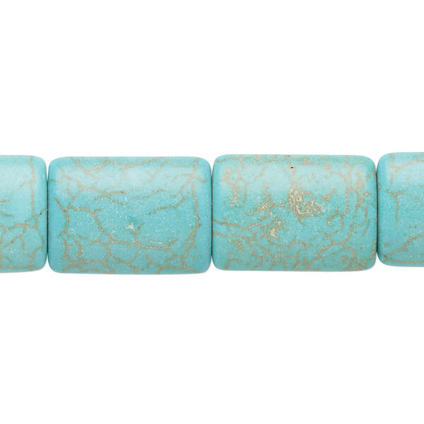 Bead, magnesite (dyed / stabilized), blue-green, 18x13mm puffed rectangle, C grade, Mohs hardness 3-1/2 to 4. Sold per 15-inch strand. image number 0