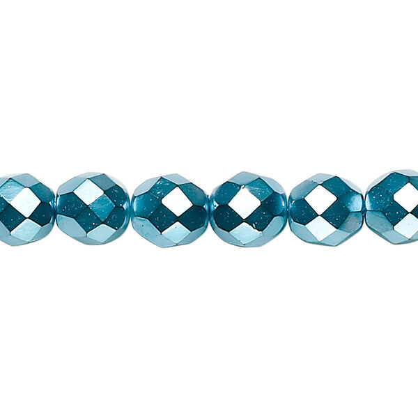 Bead, Czech fire-polished glass, opaque aqua carmen, 8mm faceted round. Sold per 15-1/2" to 16" strand. image number 0
