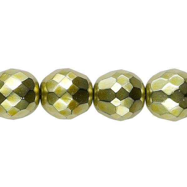 Bead, Czech fire-polished glass, pkg/15-1/2 to 16 inches, 12mm faceted round, opaque light green carmen, (23980-70456). image number 0