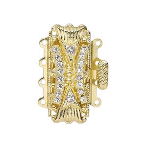 Clasp, 4-strand tab, gold-finished brass and glass, clear, 31x16mm fancy rectangle. Sold individually.