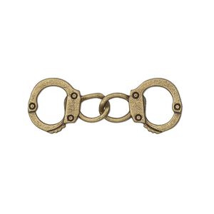 Charm, antique brass-finished "pewter" (zinc-based alloy), 32x11.5mm double-sided handcuff. Sold per pkg of 2.
