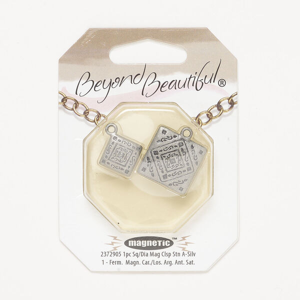 Clasp magnetic 1pkg1, 20mm 2-sided square, antique silver-finished brass 1-strand image number 0