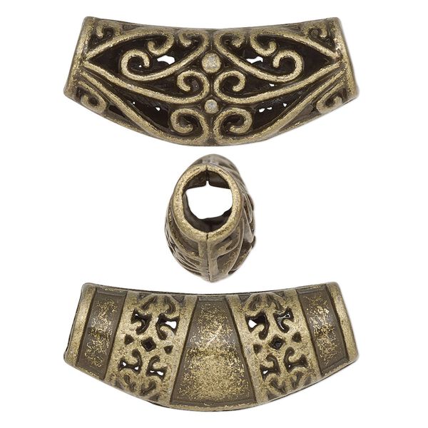 Bead, antique brass-finished "pewter" (zinc-based alloy), 33x14mm two-sided curved tube with fancy scroll cutout. Sold per pkg of 2. image number 0