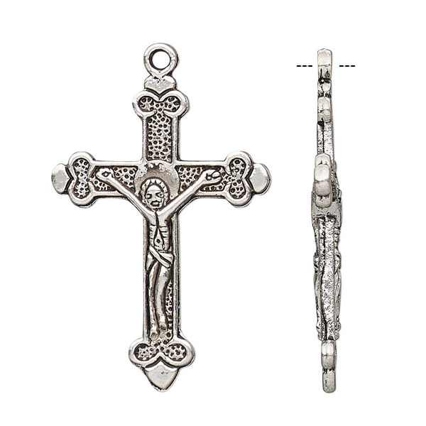 Focal, antique silver-plated "pewter" (zinc-based alloy), 35x24mm double-sided crucifix. Sold per pkg of 10. image number 0