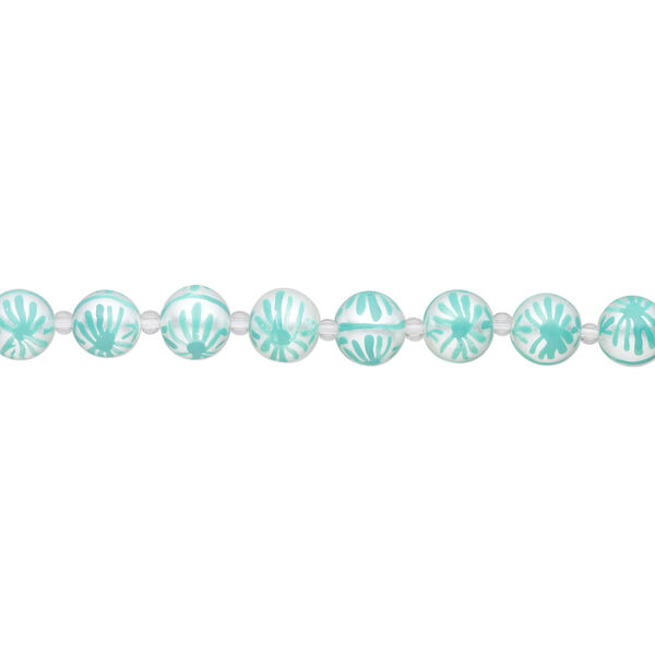 Bead, glass 1pkg8, opaque white and seafoam green, 14mm hand-painted round. image number 1
