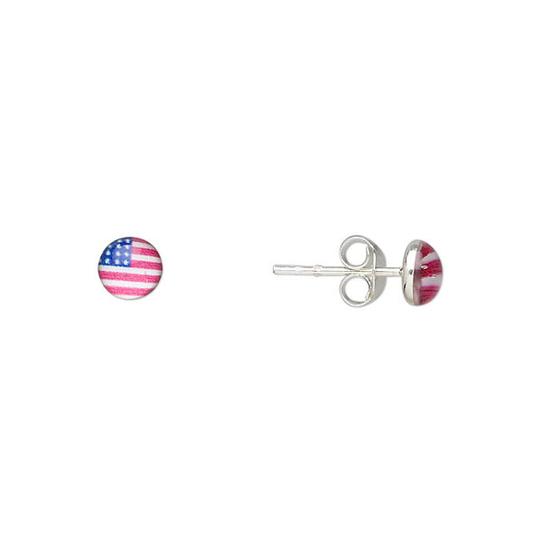 Earstud, sterling silver and acrylic, red / white / blue, 5mm round with USA flag design and post. Sold per pair. image number 0