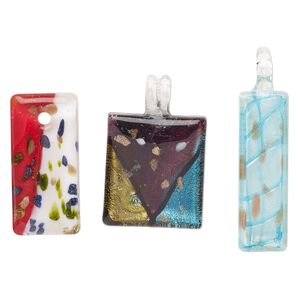 Random focal mix, lampworked glass, opaque mixed colors with copper-colored glitter, 32x24mm-62x45mm top-drilled rectangle. Sold per pkg of 3.