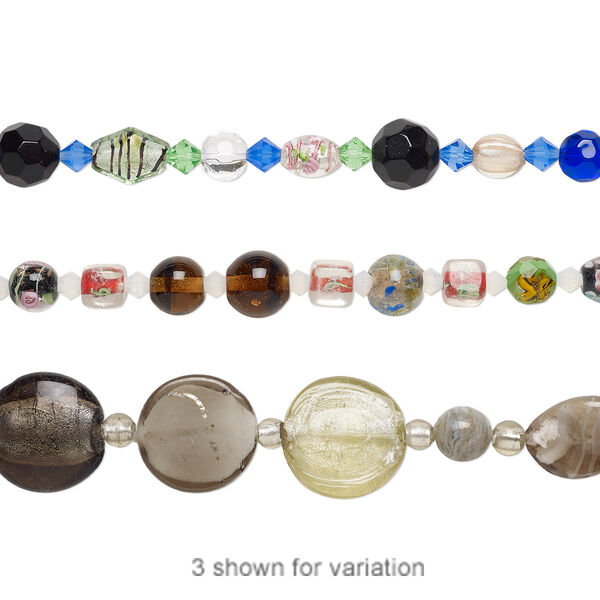 Bead mix, lampworked glass and glass, opaque to transparent multicolored, 6mm-28x28mm mixed shape. Sold per 7-inch strand. image number 0