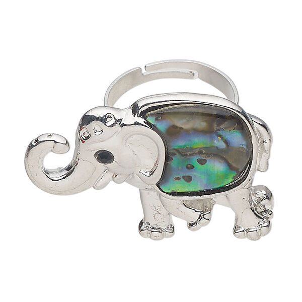 Ring 1pkg1 brass / paua shell / glass rhinestone, 36x25mm elephant, natural silver finish / black image number 0