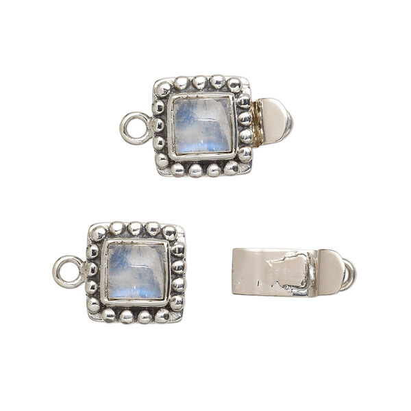 Clasp, tab, rainbow moonstone (natural) and antiqued sterling silver, 11x11mm square with 6x6mm domed square. Sold individually. image number 0