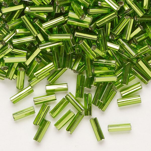 Bead, Preciosa Ornela Czech glass, bugle bead, pkg/50g, 1/4 inch, silver-lined transparent lime green, (57430). image number 0