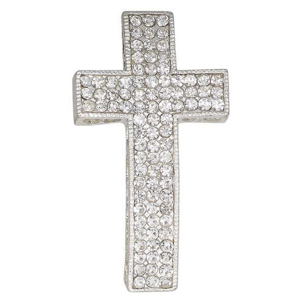 Focal, silver-finished "pewter" (zinc-based alloy) and glass, clear, 48x26mm curved cross with (11) cutout hearts. Sold individually. image number 0