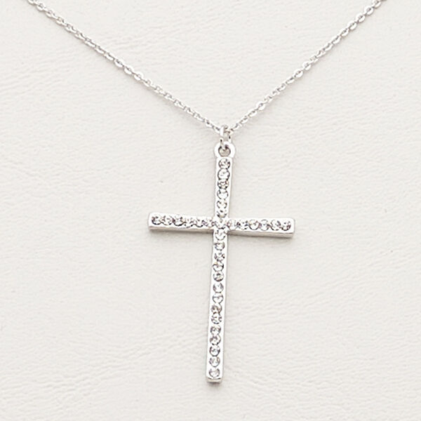 Necklace, Czech glass rhinestone / imitation rhodium-plated steel / brass / "pewter" (zinc-based alloy), clear, 36x22mm cross, 16 inches with 2-inch extender chain and lobster claw clasp. Sold individually. image number 0