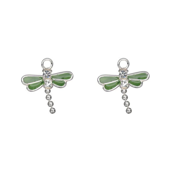 Charm, crystals / sterling silver / enamel, green and crystal clear, 13x11mm single-sided dragonfly. Sold per pkg of 2. image number 0