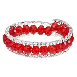 Bracelet, glass / glass rhinestone / steel memory wire / silver-plated steel, red and clear, 17mm wide with cupchain, adjustable from 7-1/2 to 8-1/2 inches. Sold individually.
