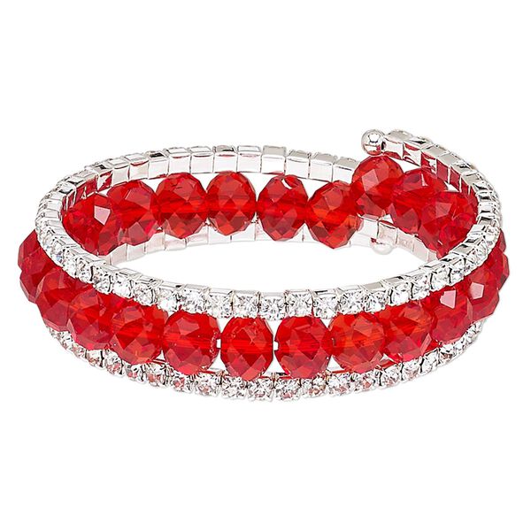 Bracelet, glass / glass rhinestone / steel memory wire / silver-plated steel, red and clear, 17mm wide with cupchain, adjustable from 7-1/2 to 8-1/2 inches. Sold individually. image number 0