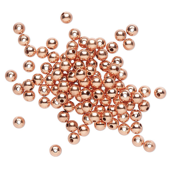 Bead, clear-coated copper, 3mm round. Sold per pkg of 1,000. image number 0