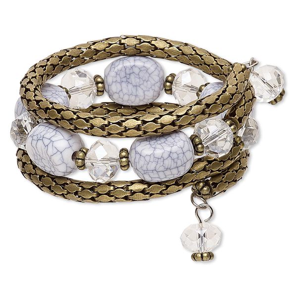 Bracelet, glass / resin / steel memory wire / antique brass-finished steel, grey / clear / white, 30mm wide with round, adjustable from 7-8 inches. Sold individually. image number 0