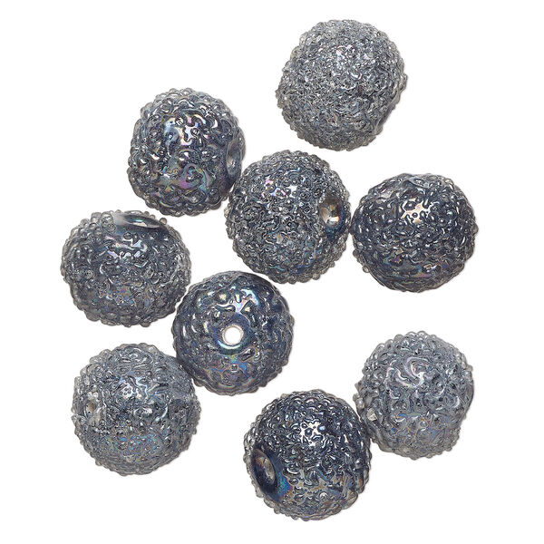 Bead, lampworked glass, opaque rainbow AB, 12mm textured round. Sold per pkg of 10. image number 0