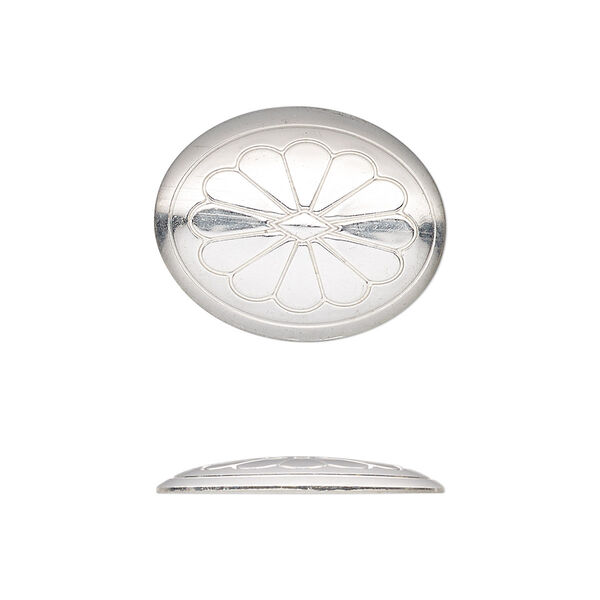 Component, sterling silver, 21.5x17mm single-sided oval Concho with flower design. Sold individually. image number 0