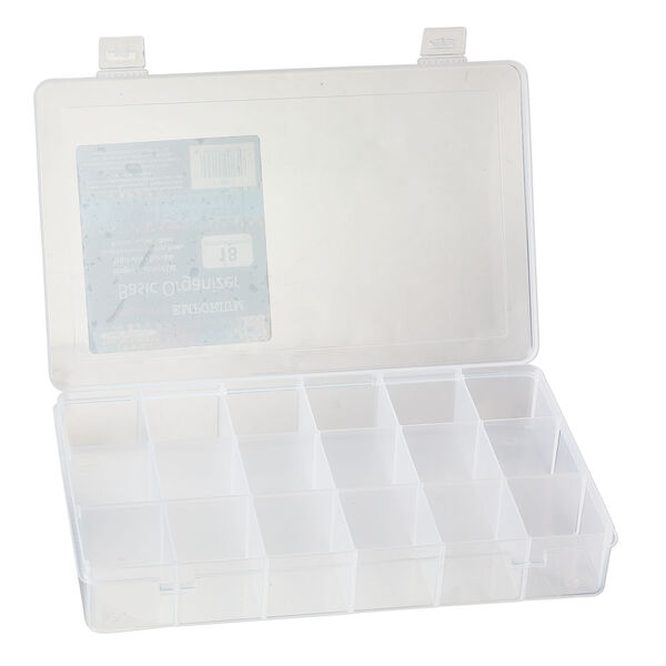 Organizer box, The Beadery®, 1pkg1, plastic, clear, 10-3/4 x 6-1/2 x 1-3/4 inches with 18 fixed compartments (2182). image number 2