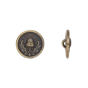 Button, TierraCast®, antique brass-plated pewter (tin-based alloy), 14.5mm round with thistle design. Sold per pkg of 2.