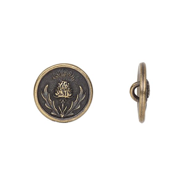 Button, TierraCast®, antique brass-plated pewter (tin-based alloy), 14.5mm round with thistle design. Sold per pkg of 2. image number 0