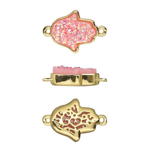 Link, Druzylite™, "druzy" (resin) and gold-finished brass, pink, 14x12.5mm two-sided Hamsa hand with open filigree back. Sold per pkg of 4. image number 0