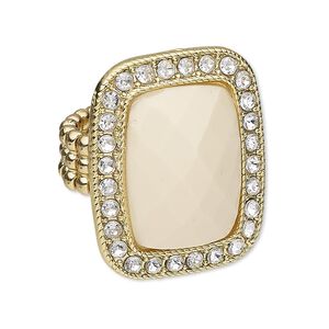 Ring, stretch, acrylic / glass rhinestone / gold-finished "pewter" (zinc-based alloy), cream and clear, 30x25mm rectangle, size 7. Sold individually.