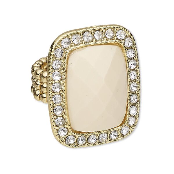 Ring, stretch, acrylic / glass rhinestone / gold-finished "pewter" (zinc-based alloy), cream and clear, 30x25mm rectangle, size 7. Sold individually. image number 0