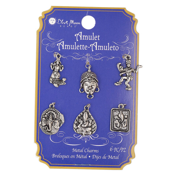 Charm mix, antique silver-finished "pewter" (zinc-based alloy), mixed sizes and shapes, single-sided. Sold per pkg of 6. image number 0