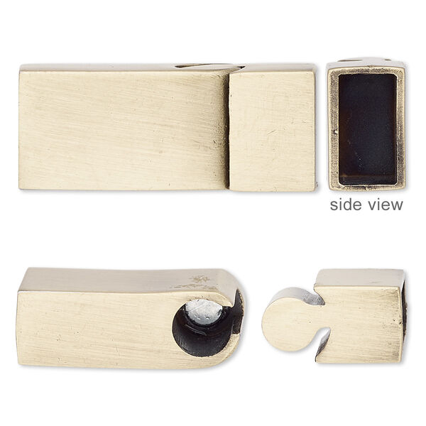 Clasp, magnetic slide lock, brass-plated "pewter" (zinc-based alloy), 30x13mm rectangle with glue-in ends, 11x5.5mm inside diameter. Sold individually. image number 0