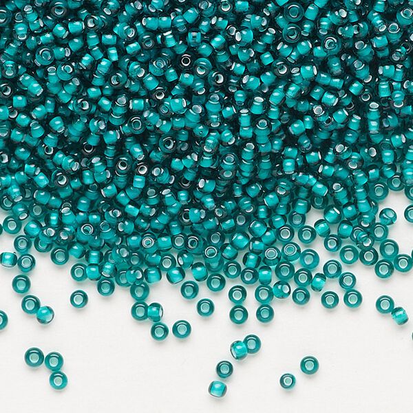 Seed bead, Preciosa Ornela, glass, transparent chalkwhite-lined teal green, #11 rocaille. Sold per 50-gram pkg. image number 0