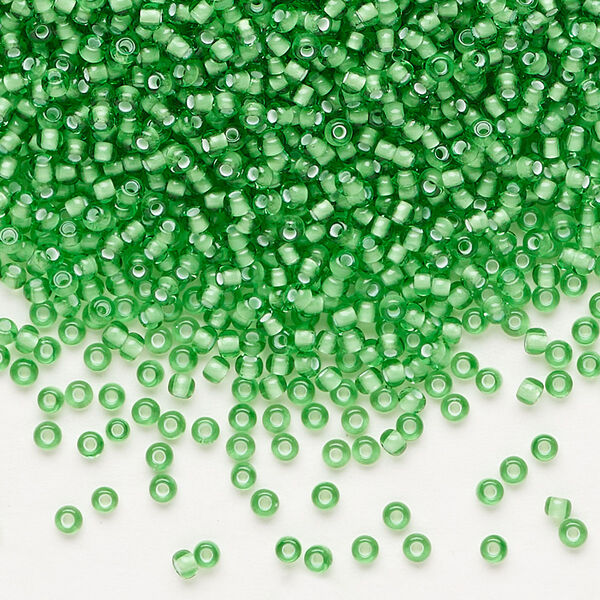 Seed bead, Preciosa Ornela, glass, transparent chalkwhite-lined medium green, #11 rocaille. Sold per 500-gram pkg. image number 0