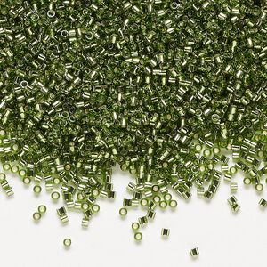 Seed bead, Delica®, glass, pkg/7.5g, #15 round, transparent silver-lined olive green (DBS-1207).